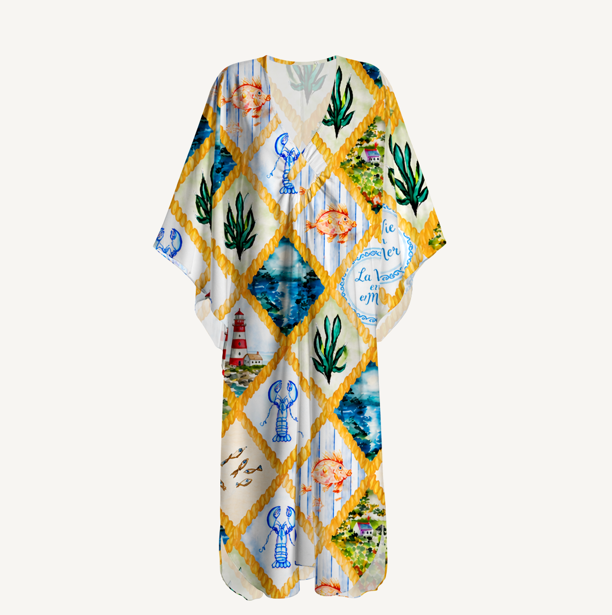 Coastal Patchwork Kimono Sleeve Kaftan Dress