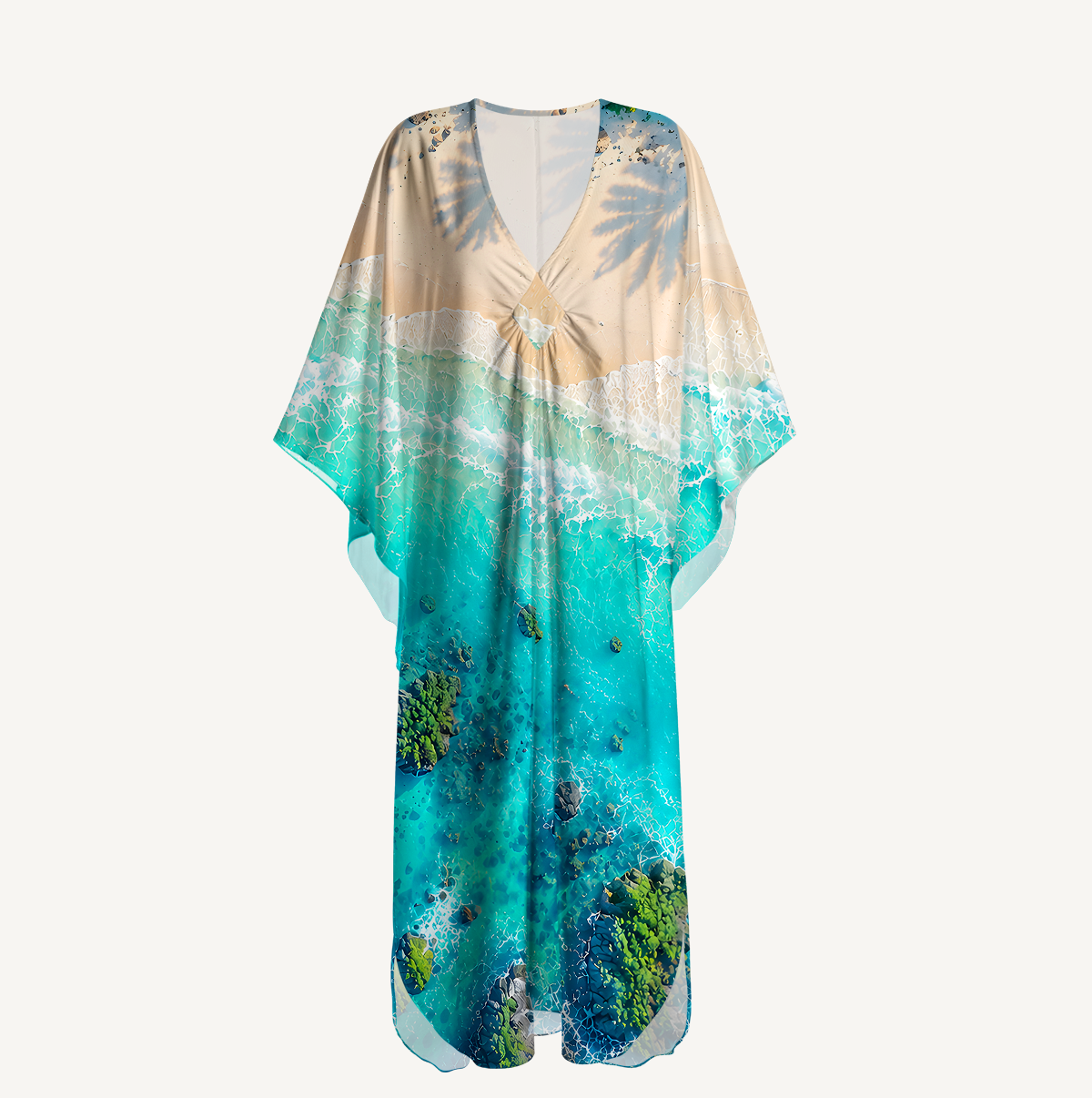Turquoise Reef and Palm Shadows Kimono Sleeve Kaftan Dress