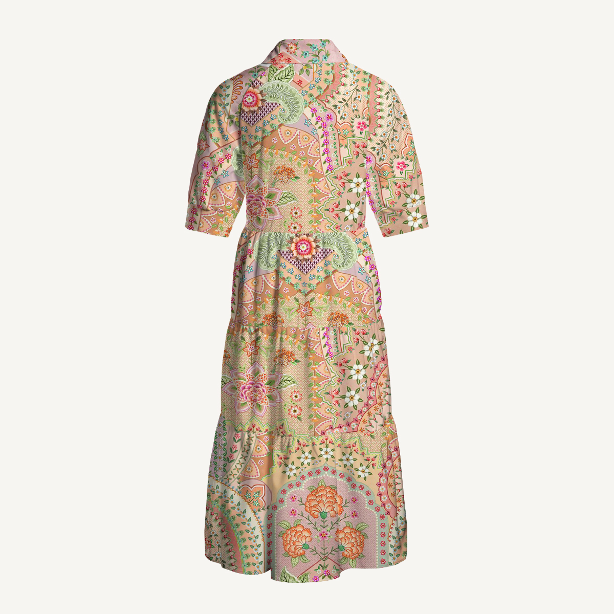 Patchwork Mandala Floral Elbow-Length Sleeve Midi Dress With Pockets
