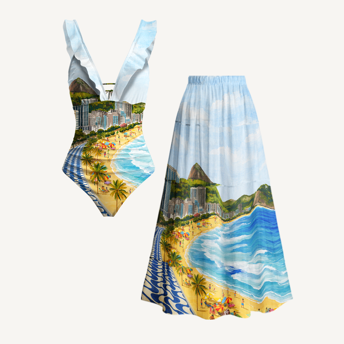Rio Beach Scene Ruffled V Neck One Piece Swimsuit and Matching Midi Skirt Set