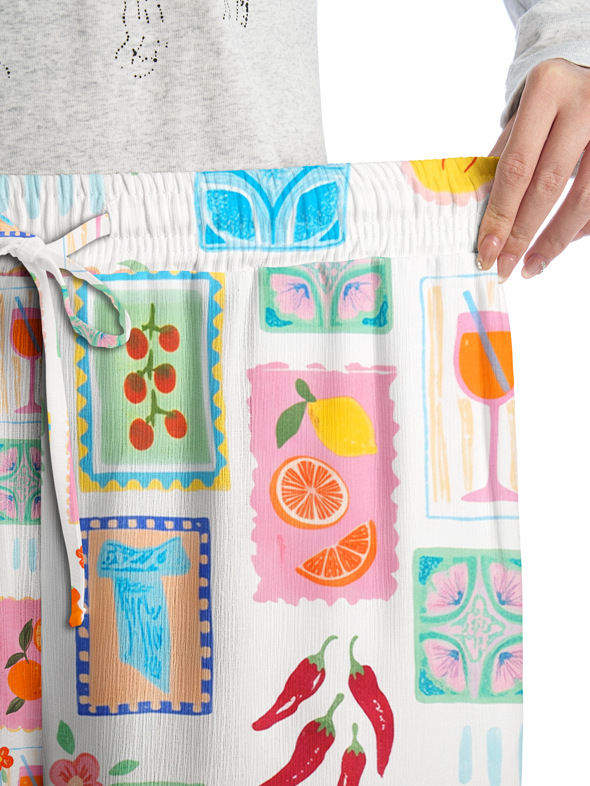 Tropical Stamp Print Wide Leg Tie Waist Pants With Pockets