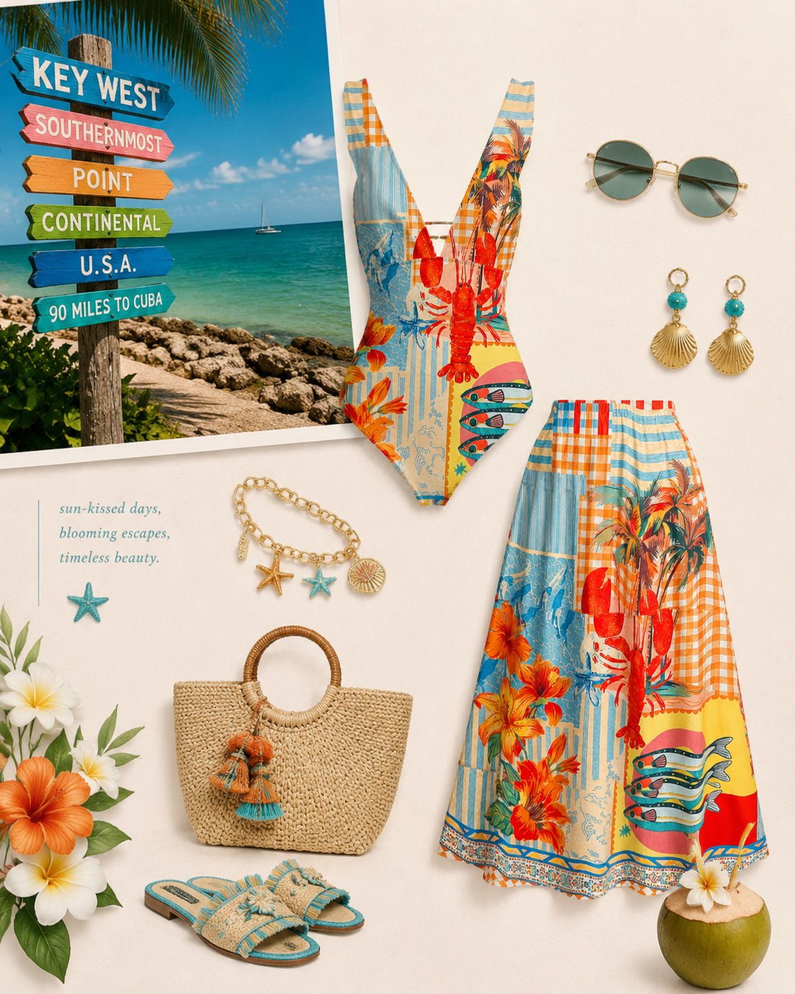 Tropical Lobster Patchwork Ruffled V Neck One Piece Swimsuit and Matching Midi Skirt Set