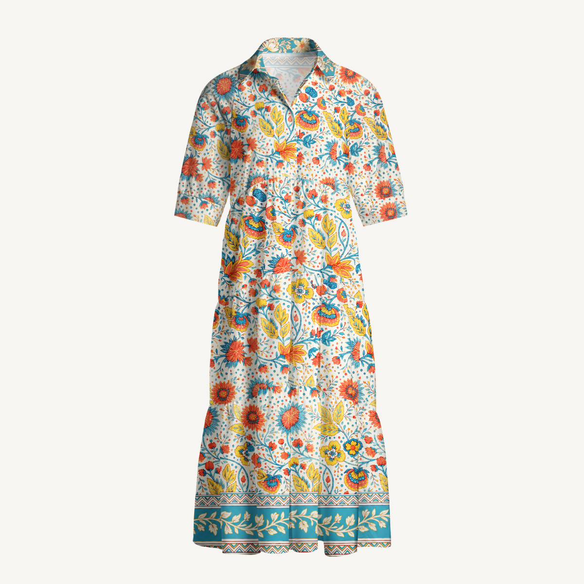 Moroccan Garden Pattern Print Midi Dress For Women With Pockets