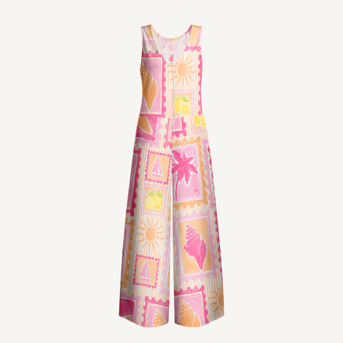Coral Beach Postcard Jumpsuit with Pockets for Women