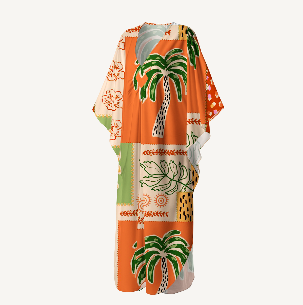 Boho Palm & Hibiscus Print Kimono Sleeve Kaftan Dress