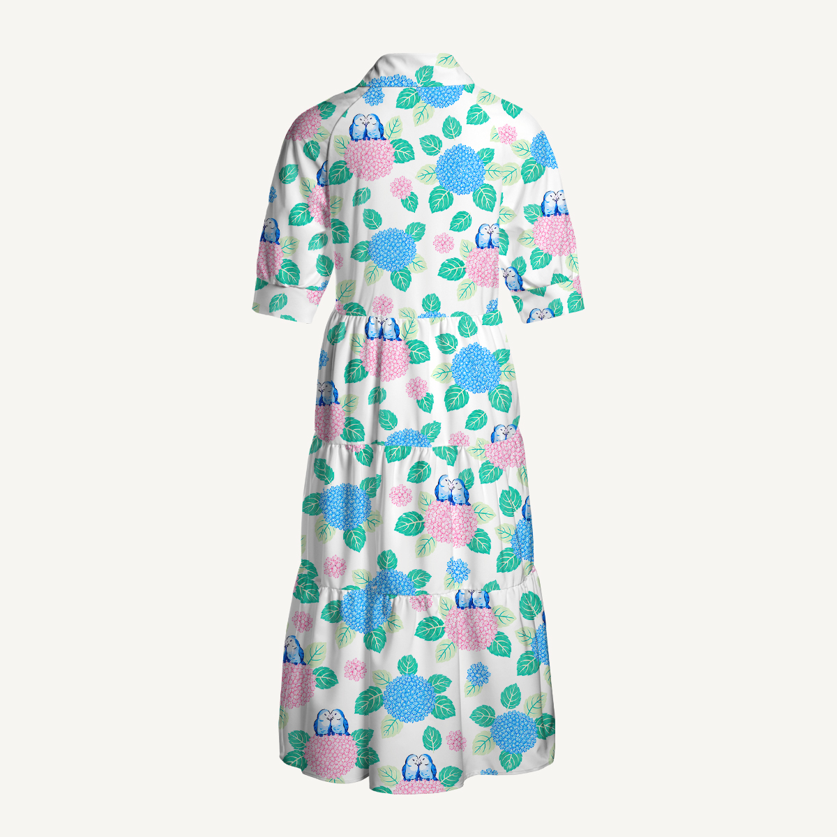 Hydrangea & Blue Bird Garden Elbow-Length Sleeve Midi Dress