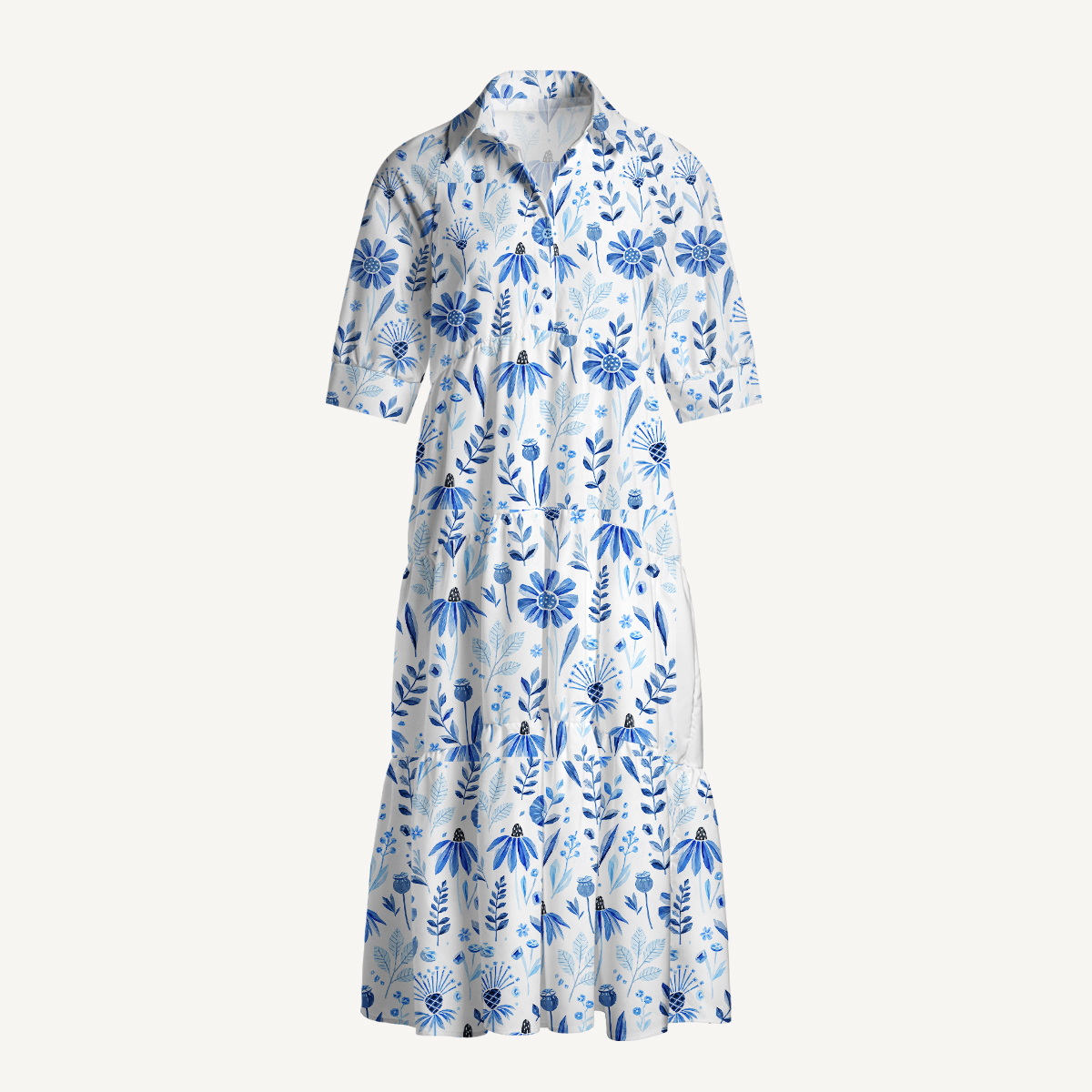 Blue Garden Bloom Elbow-Length Sleeve Midi Dress