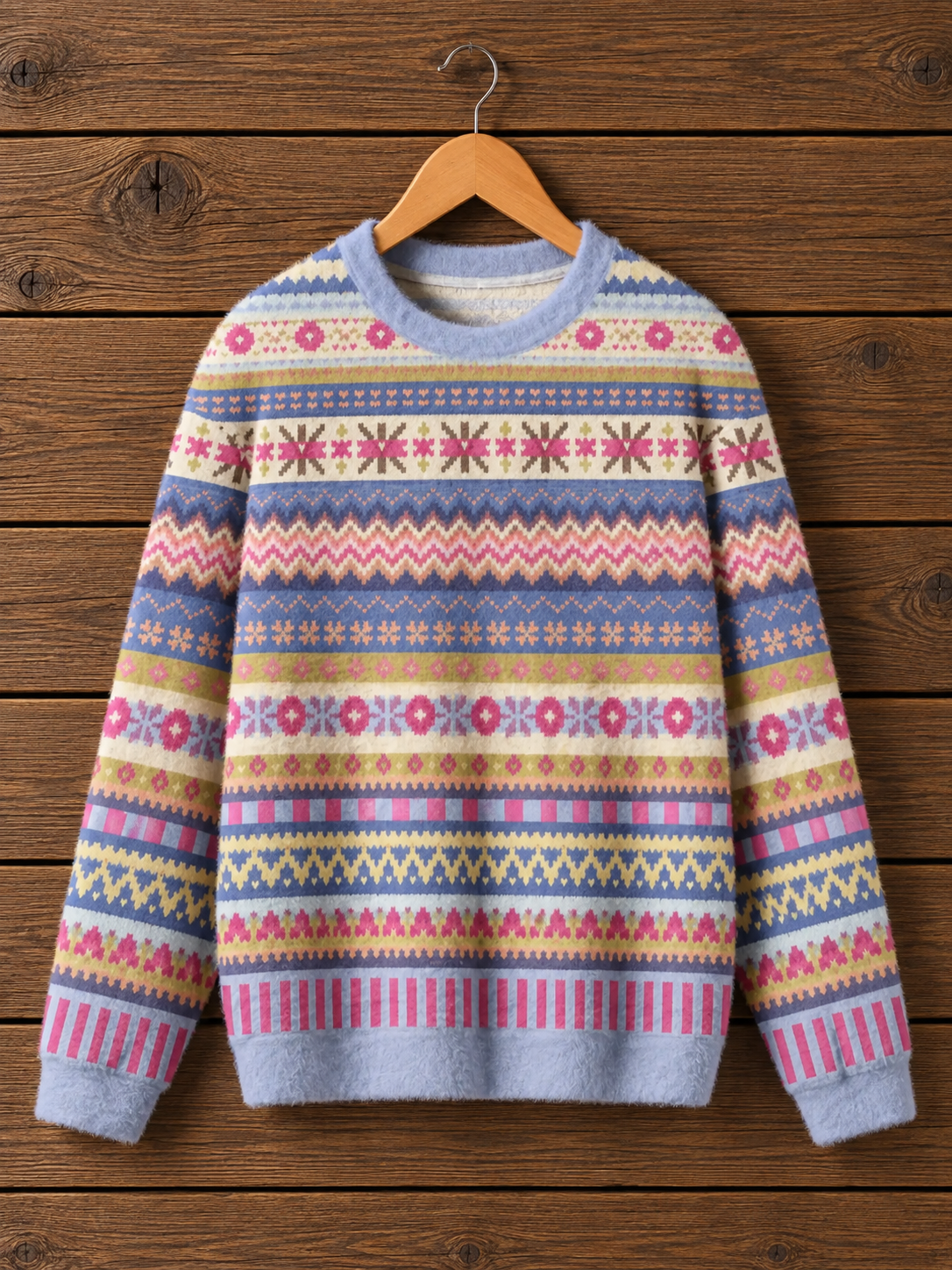 Soft Nordic Floral Geometric Stripe Crewneck Sweater