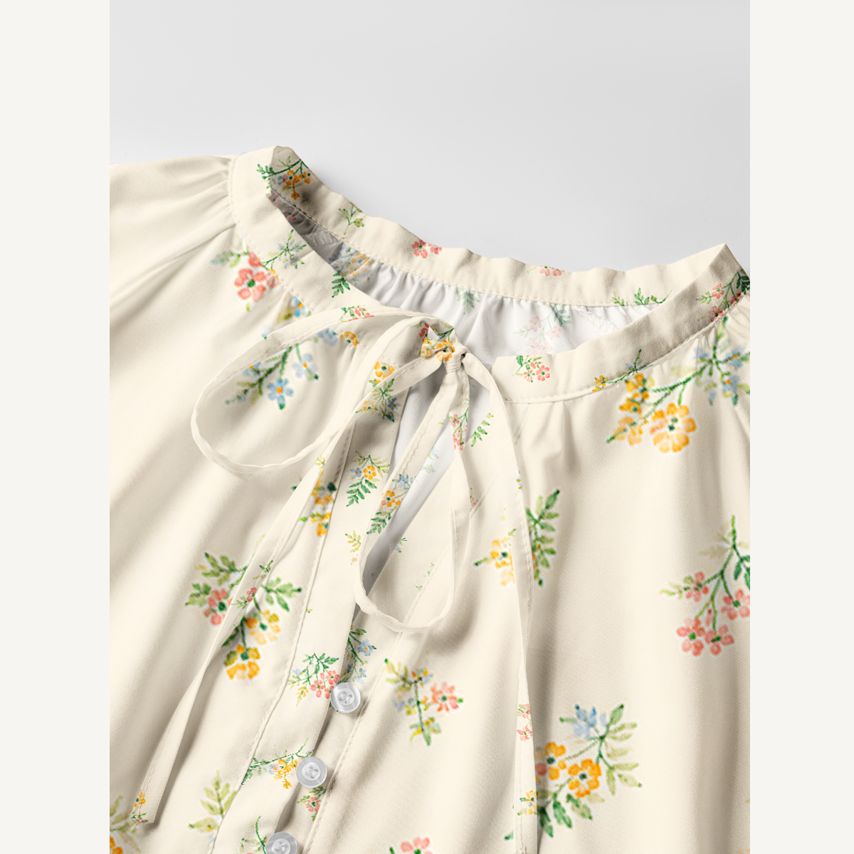 Whispering Wildflower Field Tie‑Neck Long Sleeve Mini Dress