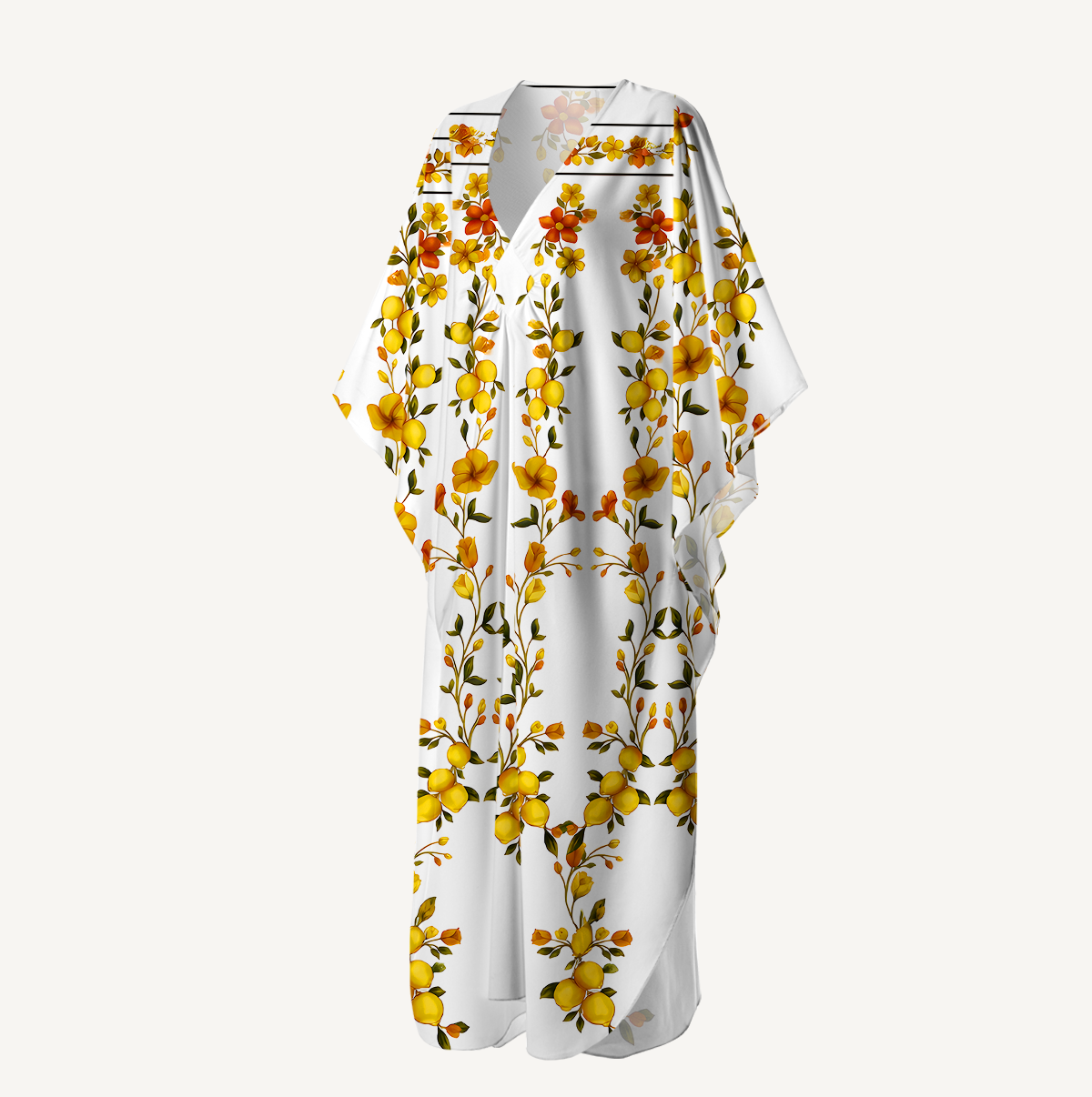 Lemon Blossom Garden Border Kimono Sleeve Kaftan Dress