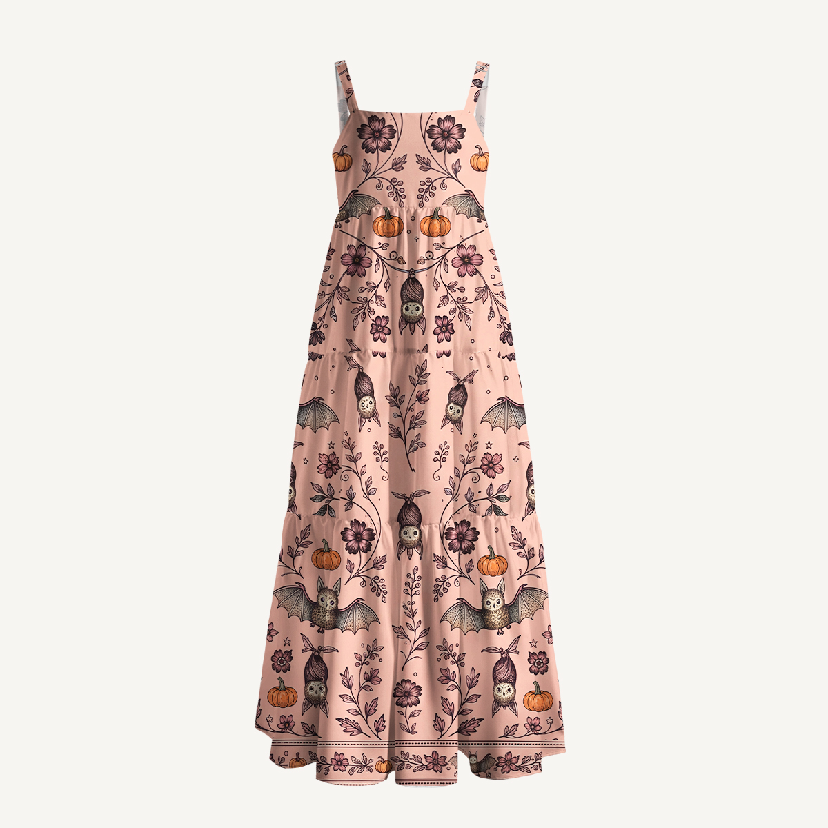 Halloween Bat Pumpkin Floral Strap Maxi Dress With Pockets