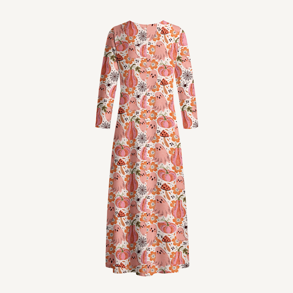 Pink Pumpkin Ghost Party Boho Long Sleeve Maxi Dress with Pockets