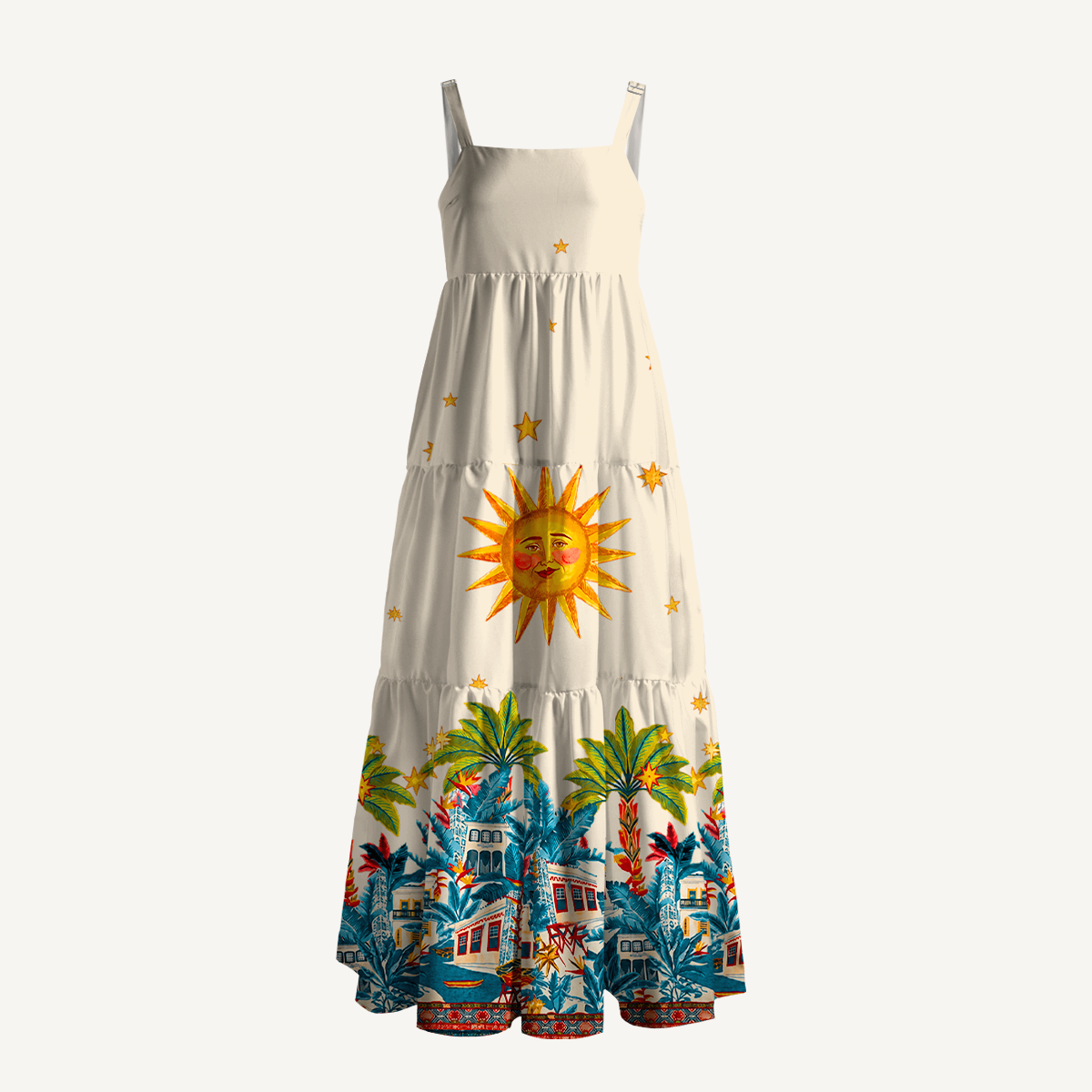 Retro Sun & Palm Wide Straps Maxi Dress With Pockets