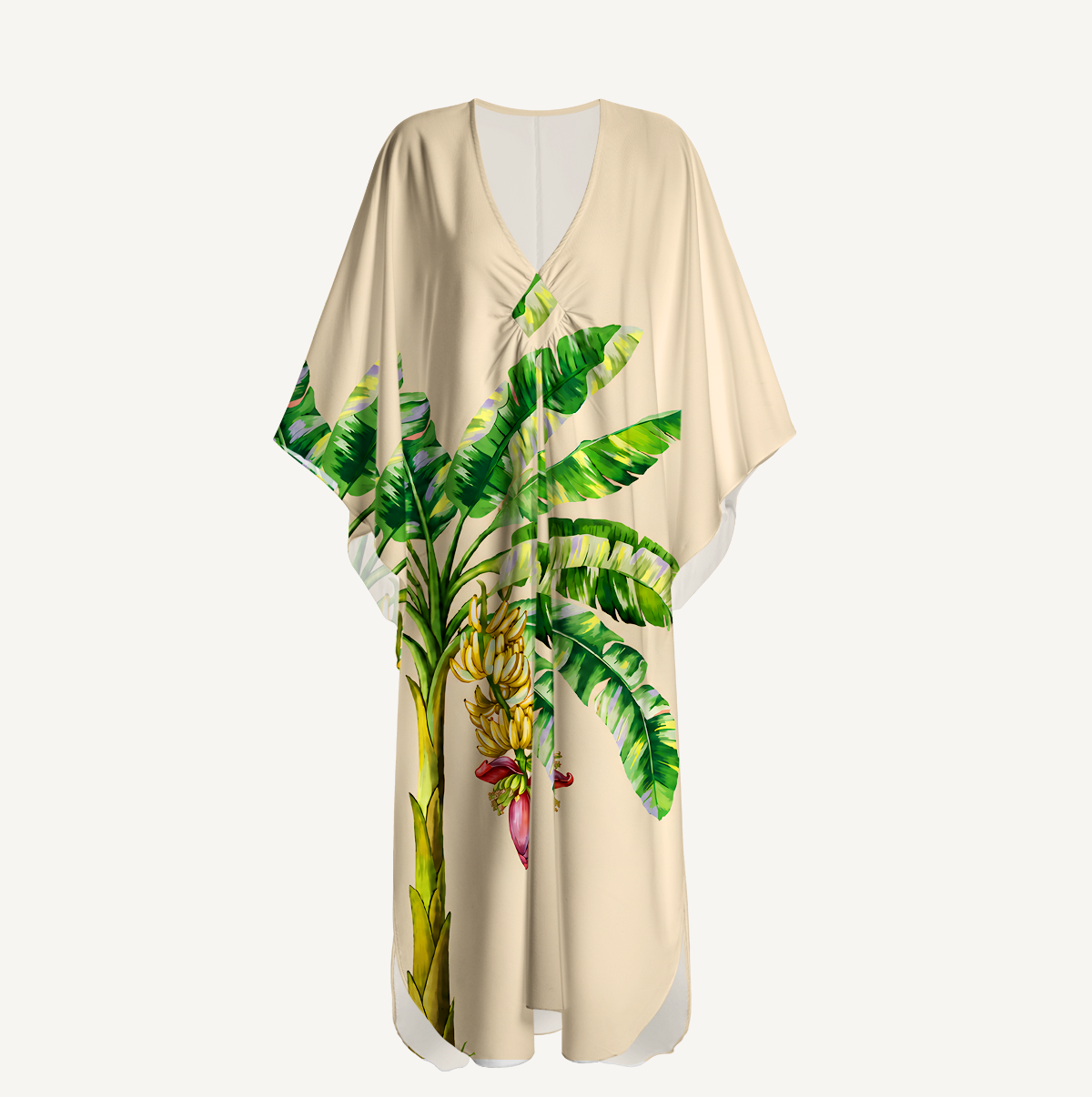 Golden Banana Palm Kimono Sleeve Kaftan Dress