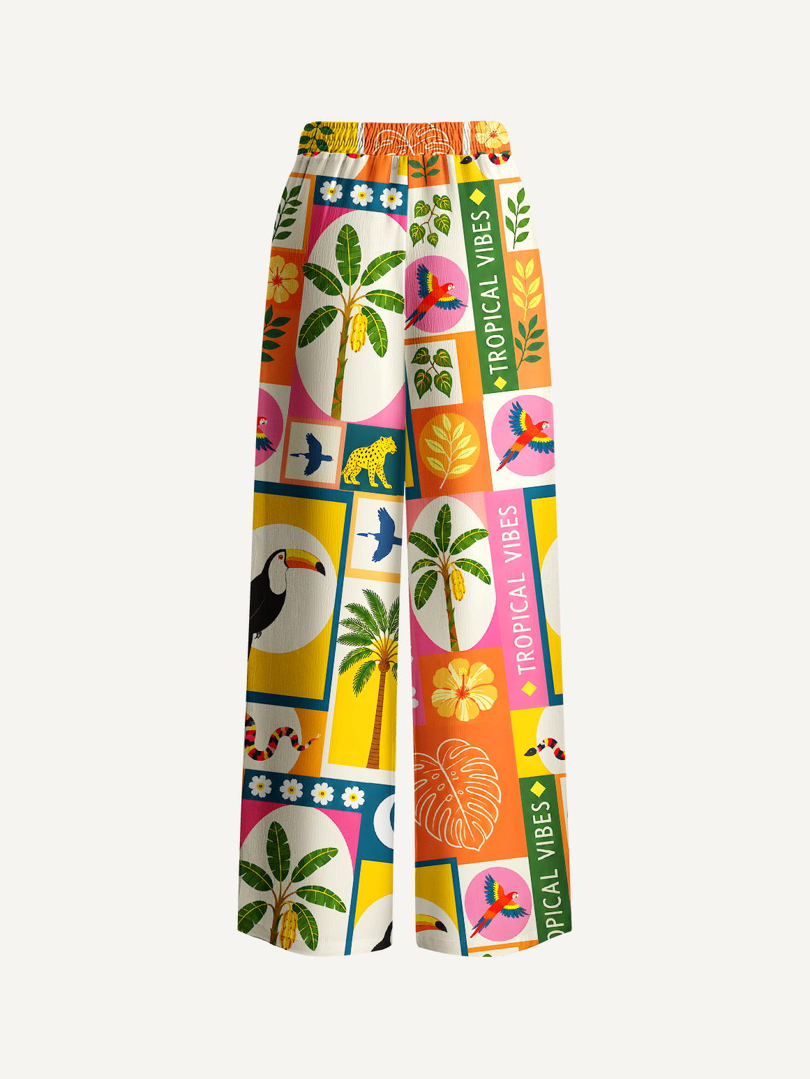 Tropical Patchwork Wide Leg Tie Waist Pants With Pockets