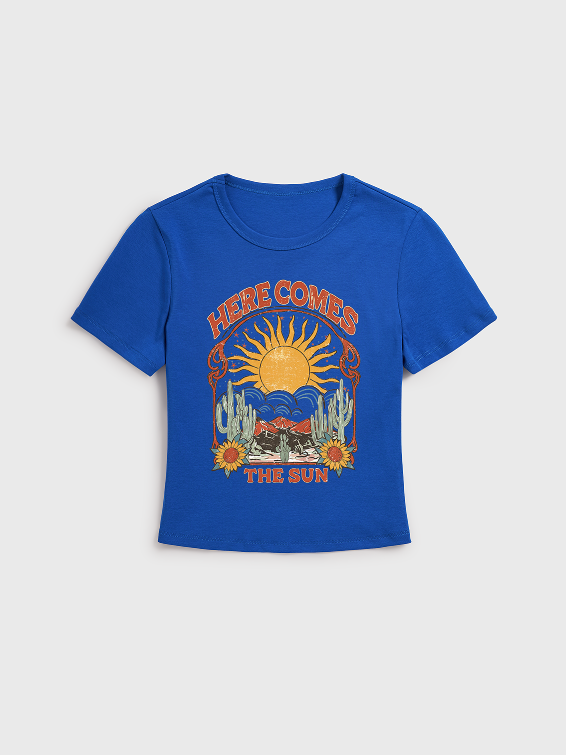 Western Sun & Cact Print Crew Neck Cotton Tee