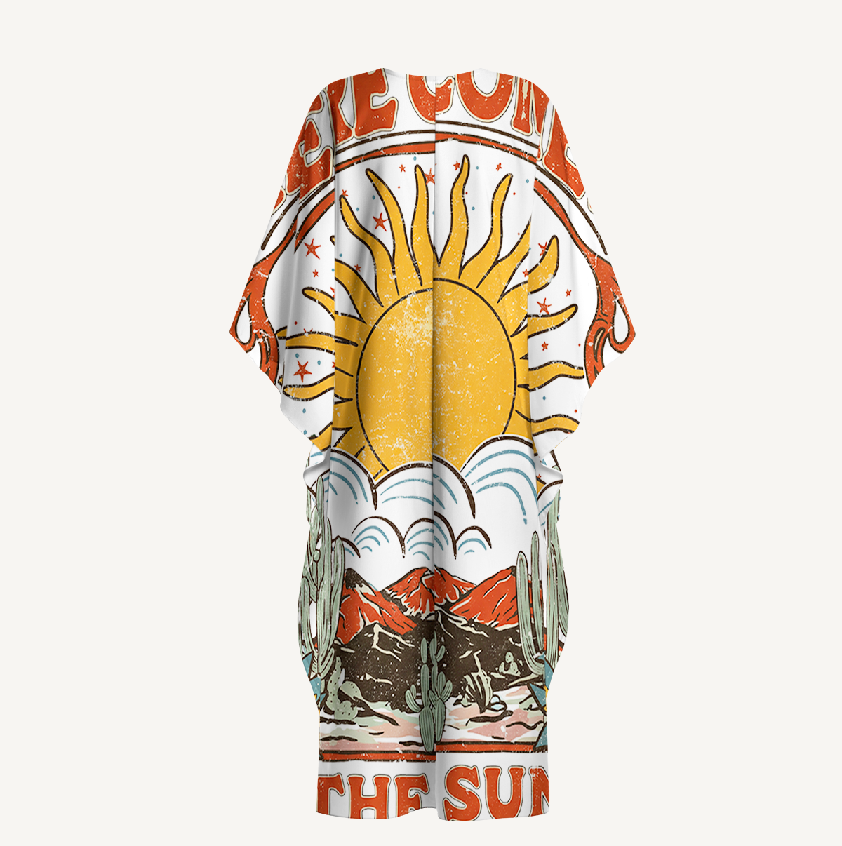 Western Sun & Cact Kimono Sleeve Kaftan Dress