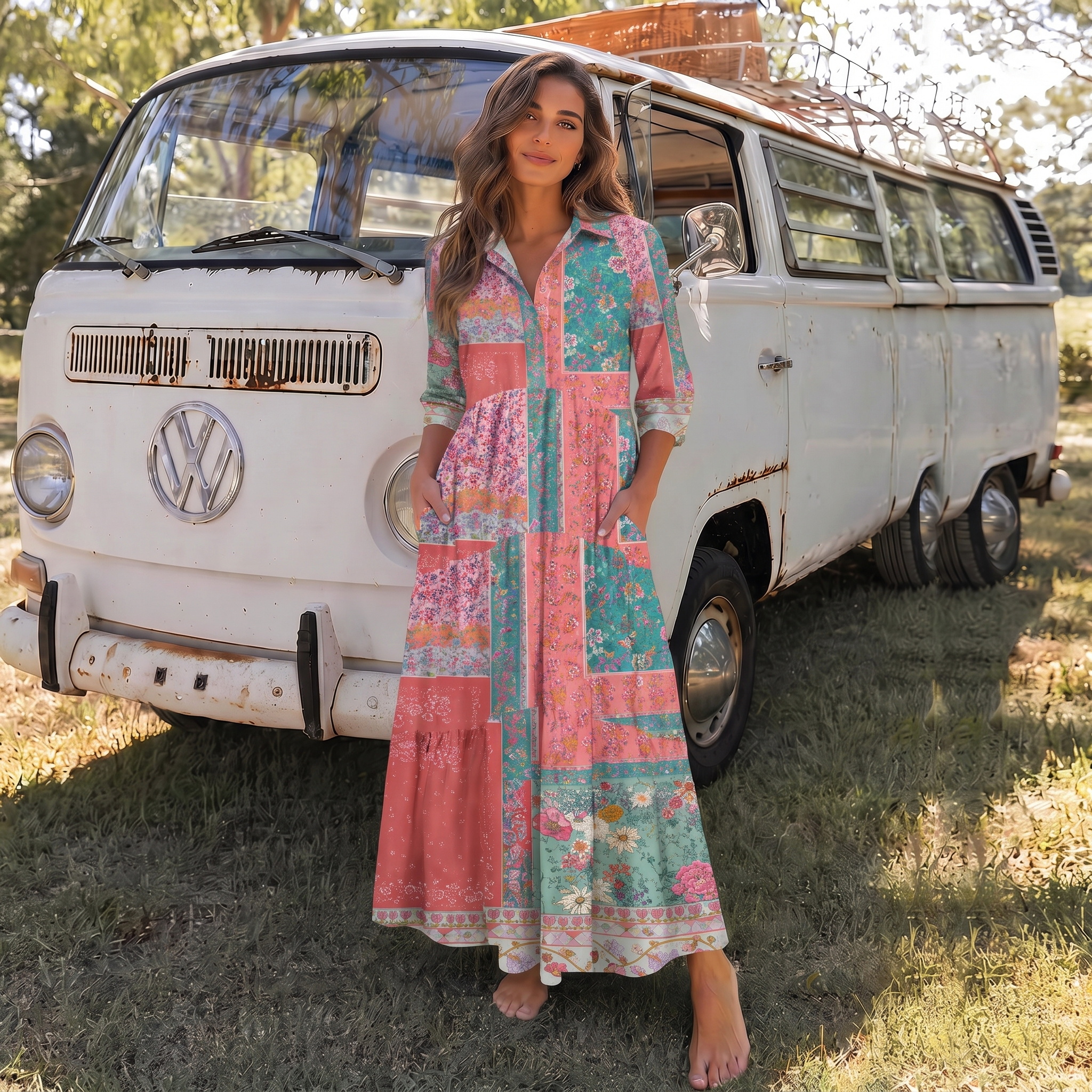 Coral Patchwork Garden Floral Elbow-Length Sleeve Midi Dress