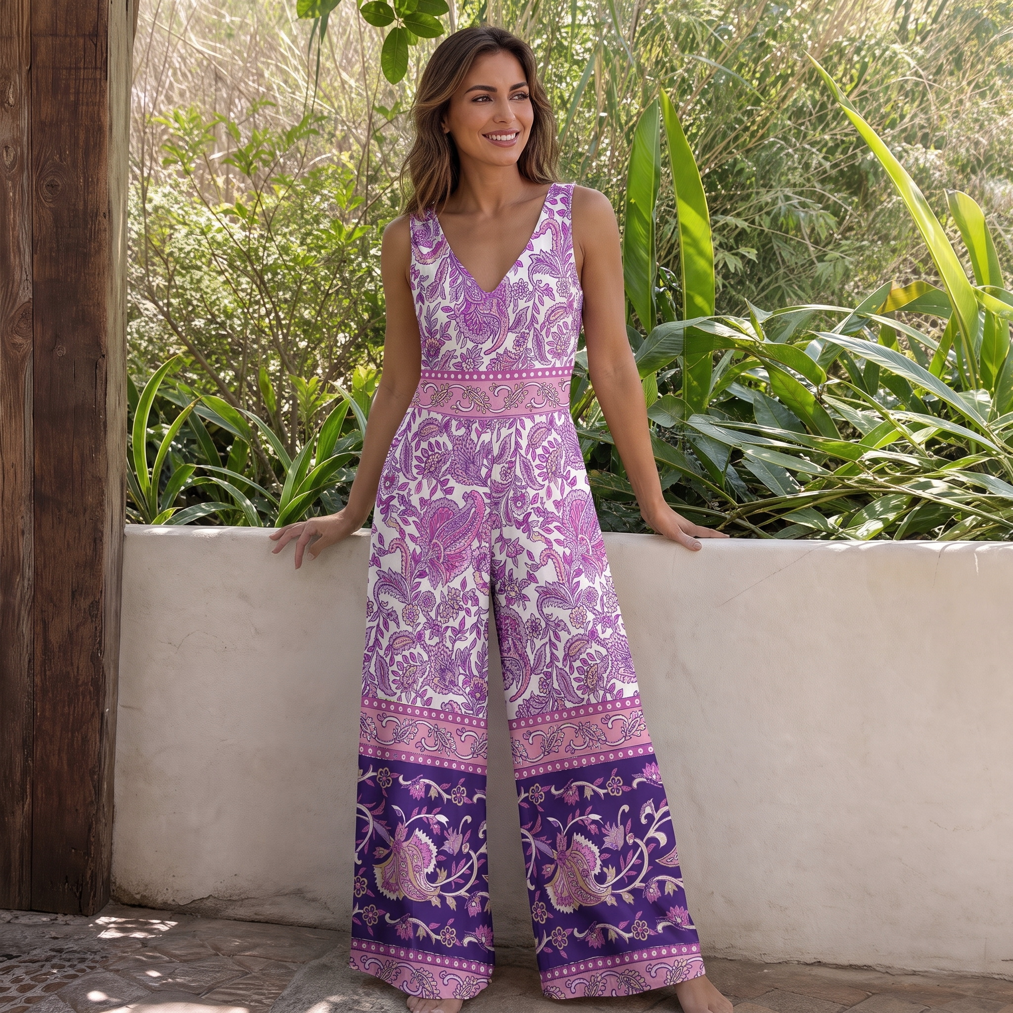 Violet Paisley Garden Womens Jumpsuit With Pockets