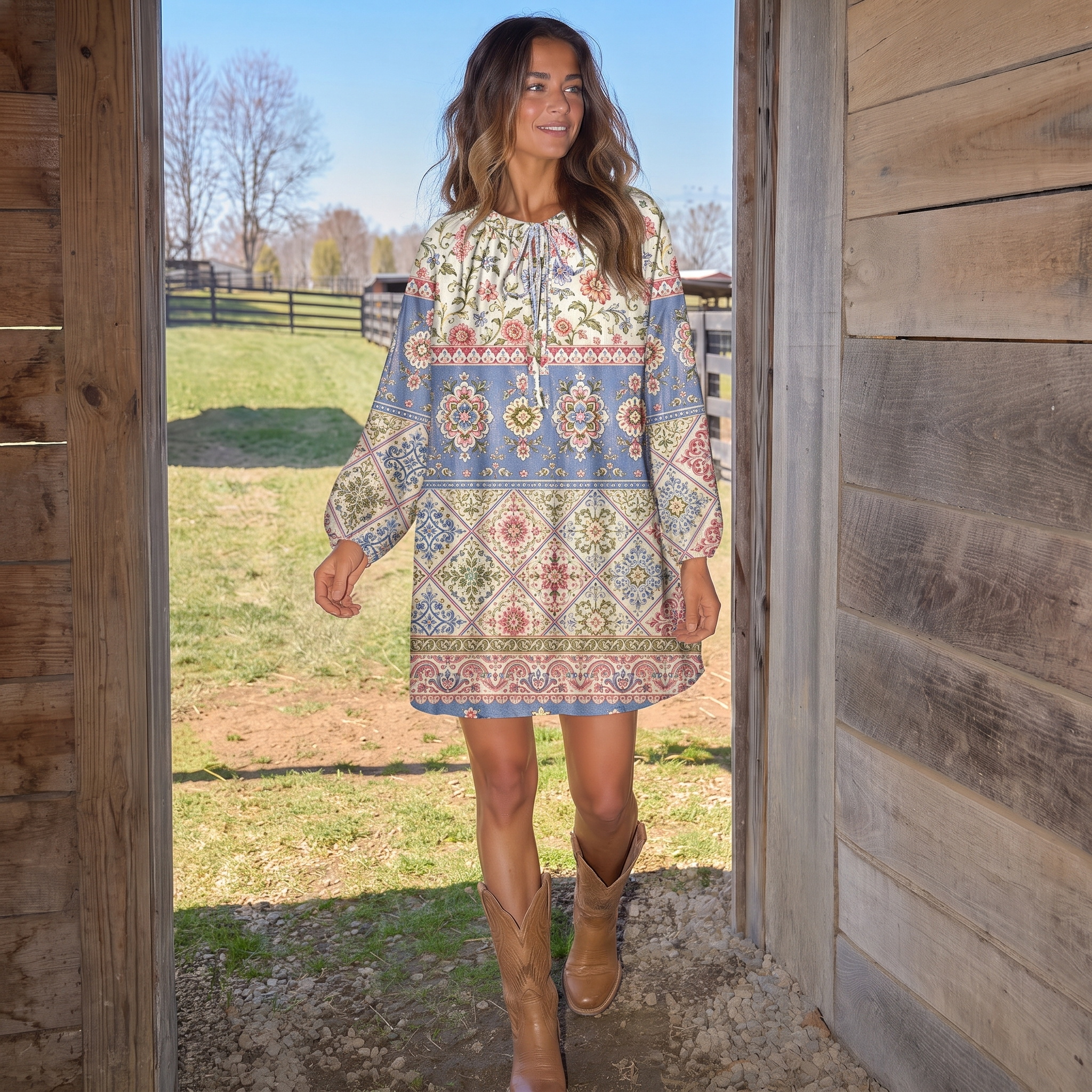 Victorian Floral Patchwork Stripes Boho Long Sleeve Mini Dress