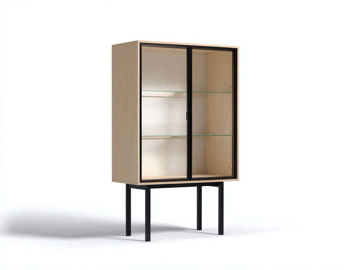 Vitrine bois et verre 80x40x130 cm naturel noir adapté pour salle à manger avec étagères design moderne-Rivoconest