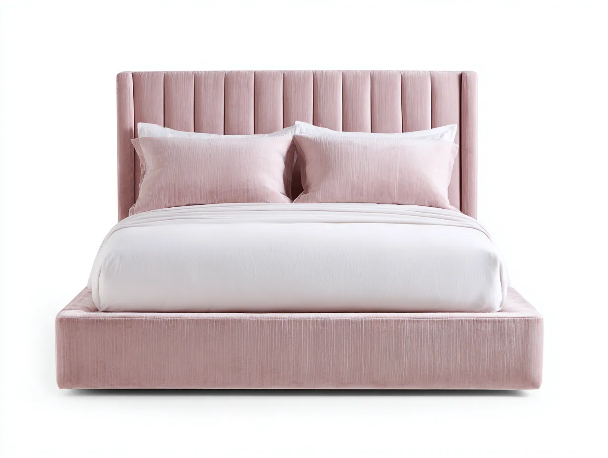 Lit double tissu velours 200x160x110 cm rose adapté pour chambre design capitonné moderne-Rivoconest