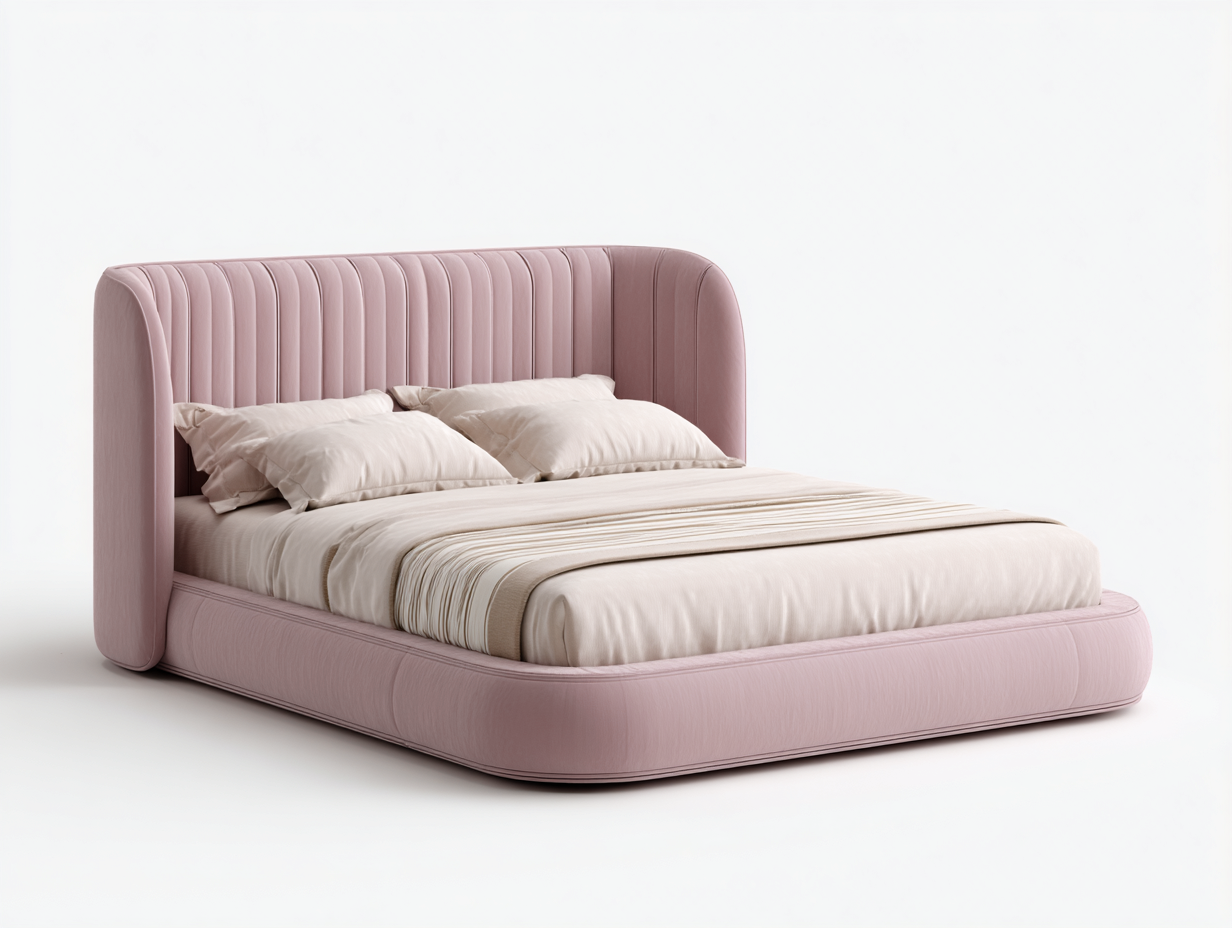 Lit double tissu velours 200x160x105 cm rose adapté pour chambre design arrondi moderne-Rivoconest