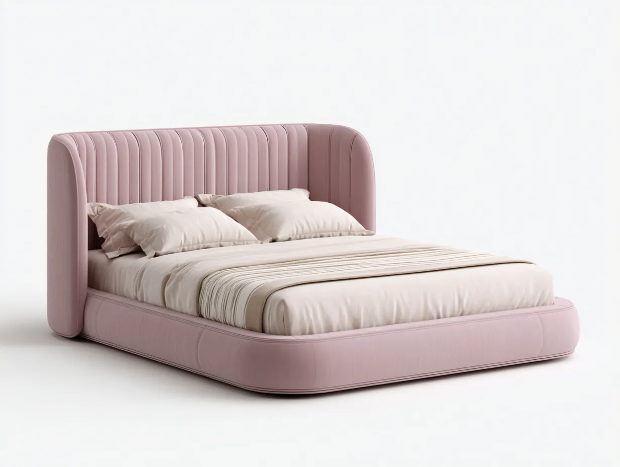 Lit double tissu velours 200x160x105 cm rose adapté pour chambre design arrondi moderne-Rivoconest