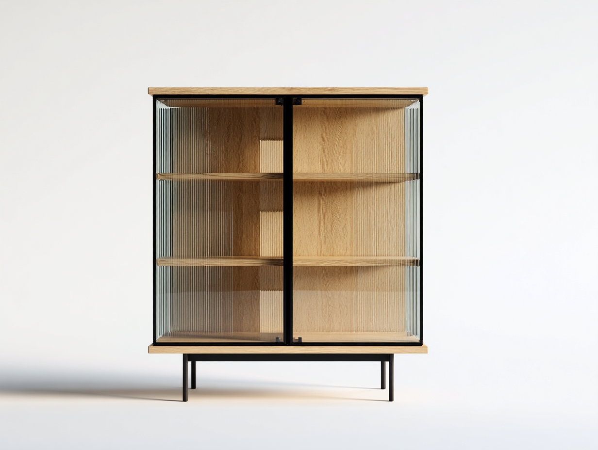Vitrine bois et verre 90x40x120 cm naturel noir adapté pour salle à manger avec étagères design moderne-Rivoconest