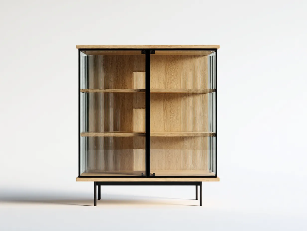 Vitrine bois et verre 90x40x120 cm naturel noir adapté pour salle à manger avec étagères design moderne-Rivoconest