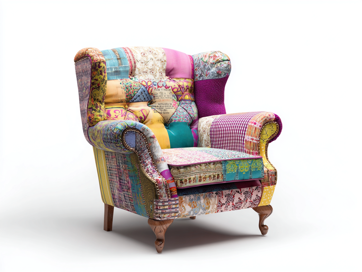 Fauteuil en tissu patchwork avec pieds en bois 80x75x100 cm - multicolore - adapté au salon - style rétro-Daloystudio