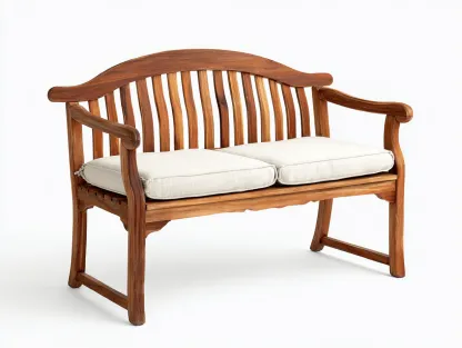 Banc de jardin bois avec coussins 140x50x55 cm brun naturel beige adapté pour extérieur avec accoudoirs design classique-Daloystudio