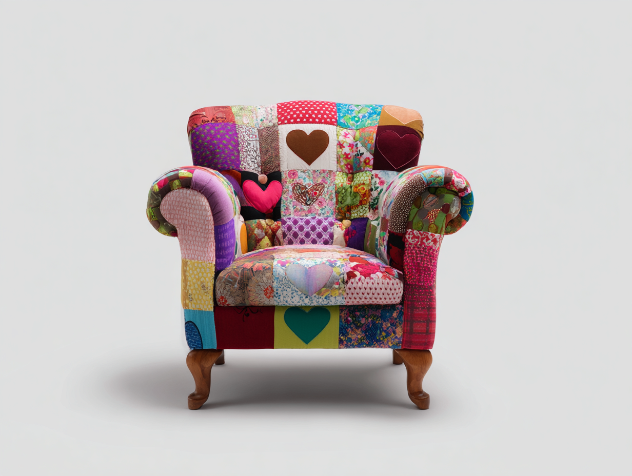 Fauteuil tissu patchwork multicolore 80x75x90 cm adapté pour salon style vintage avec accoudoirs confortables-Daloystudio