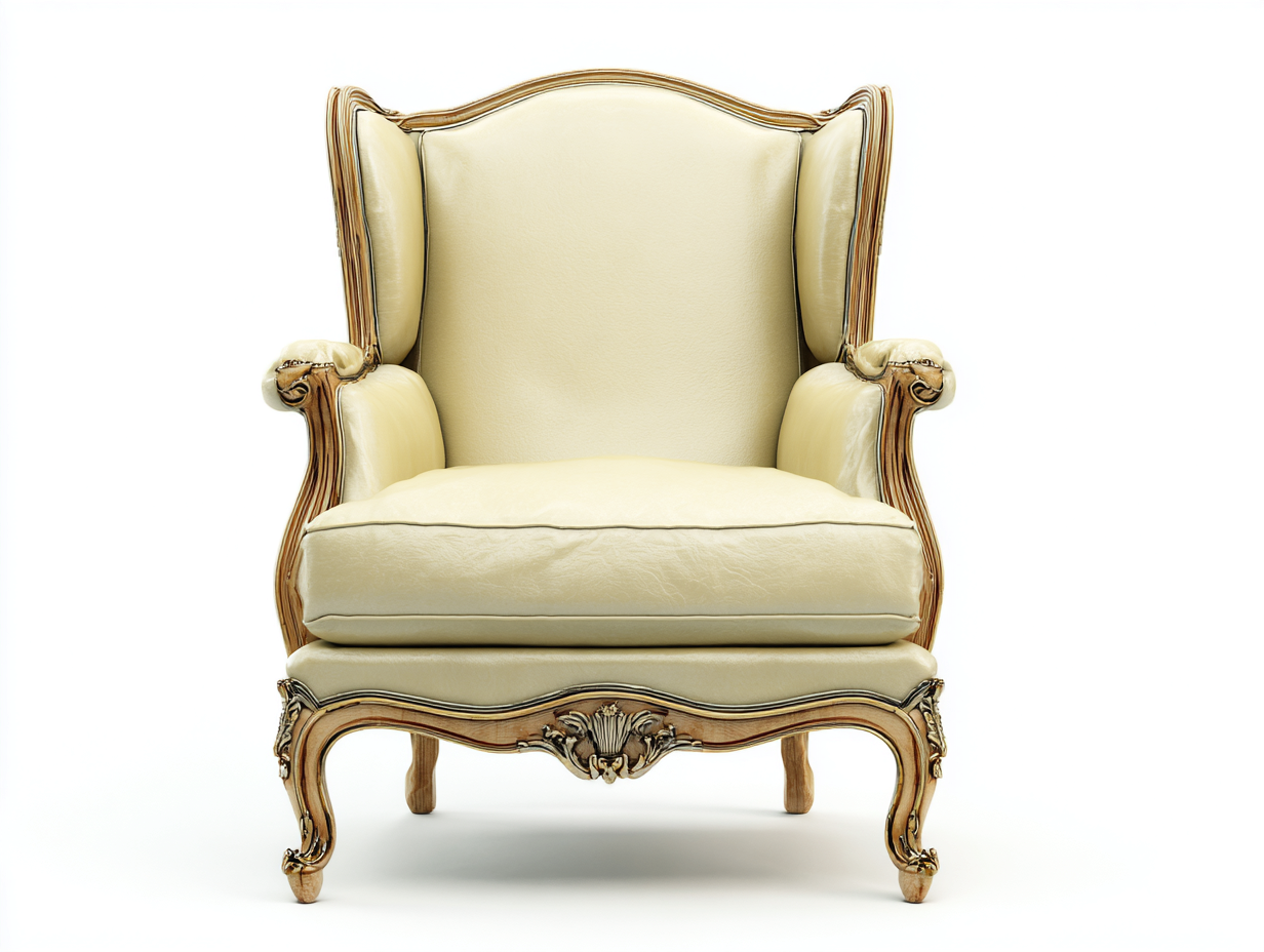 Fauteuil cuir synthétique beige 85x80x105 cm adapté pour salon style classique avec structure bois sculpté-Daloystudio