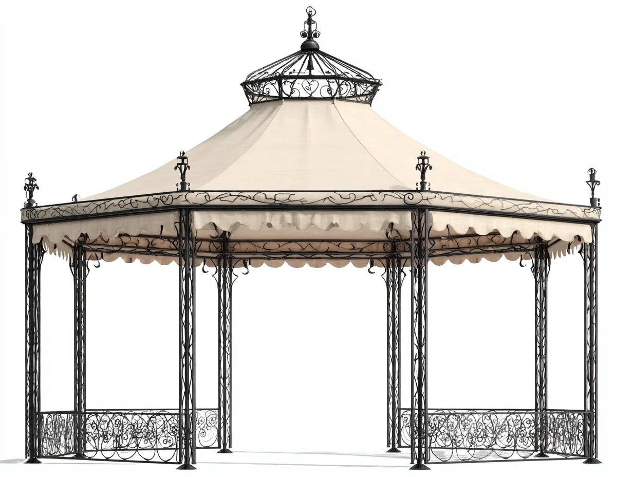 Pergolas et tonnelles acier et tissu 380x380x320 cm noir beige adapté pour jardin style victorien avec structure ornementale-Daloystudio