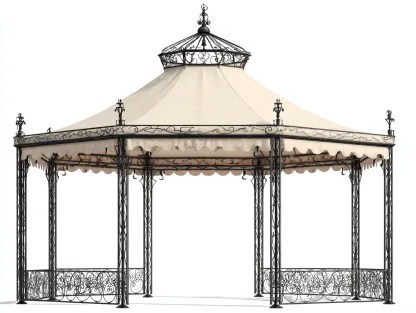Pergolas et tonnelles acier et tissu 380x380x320 cm noir beige adapté pour jardin style victorien avec structure ornementale-Daloystudio