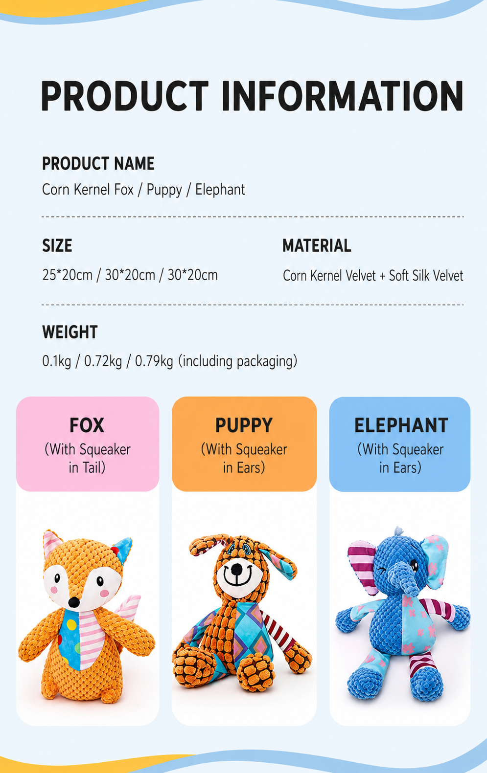 Yarn Squeaky Series (Elephant/Fox/Long-Eared Dog)