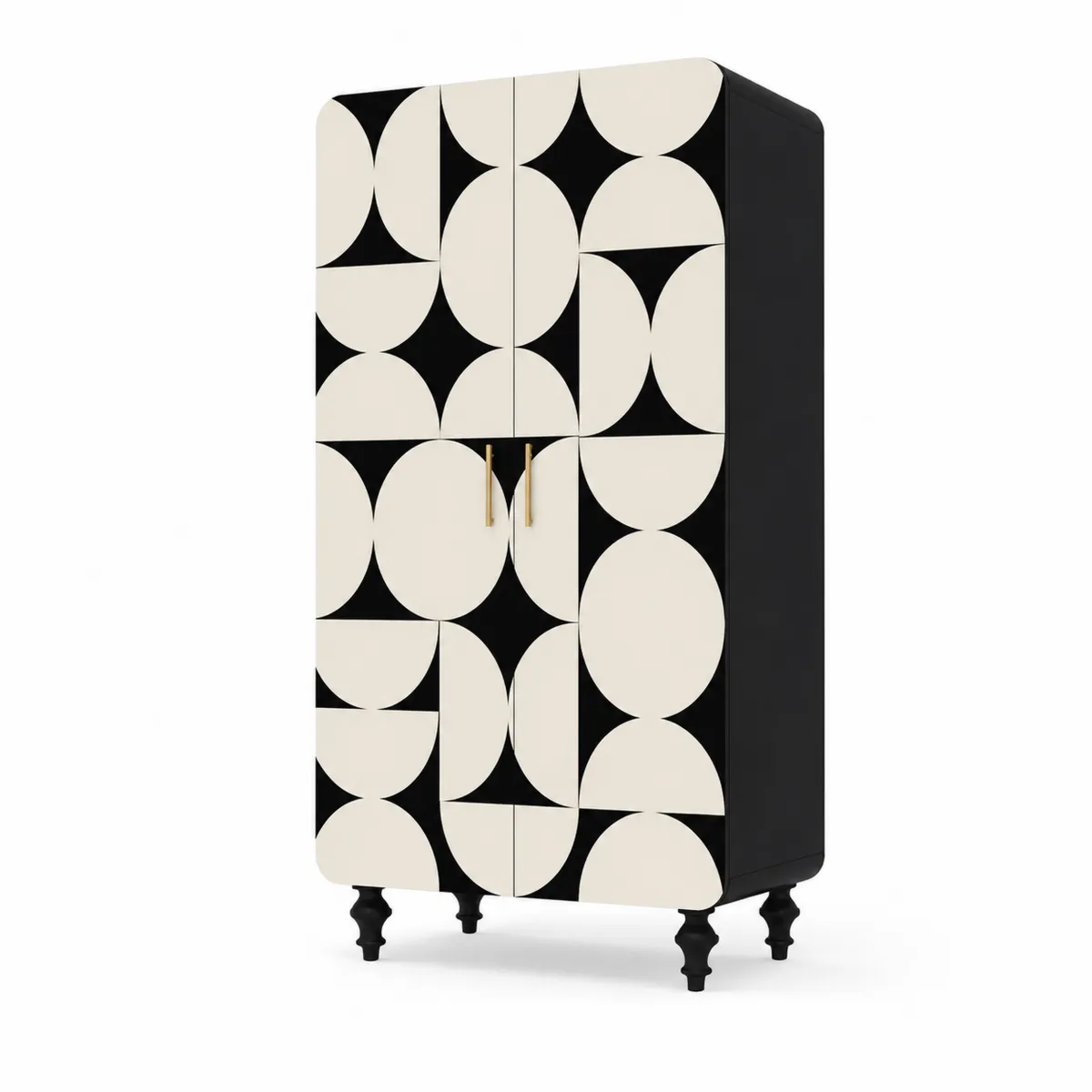 Szafa drewniana z frontami lakierowanymi o wzorze geometrycznym 200x80x40 cm Czarny/Kremowy-Villanestluxe