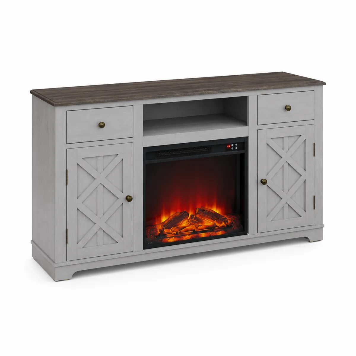 Szafka RTV z kominkiem elektrycznym 152cm x 86cm x 42cm drewno i metal szare-Villanestluxe