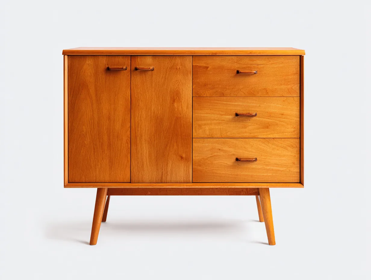 Aparador 120x40x85 cm - madera color teca clara - 2 puertas y 3 cajones - estilo mid century para comedor-Oakgoly
