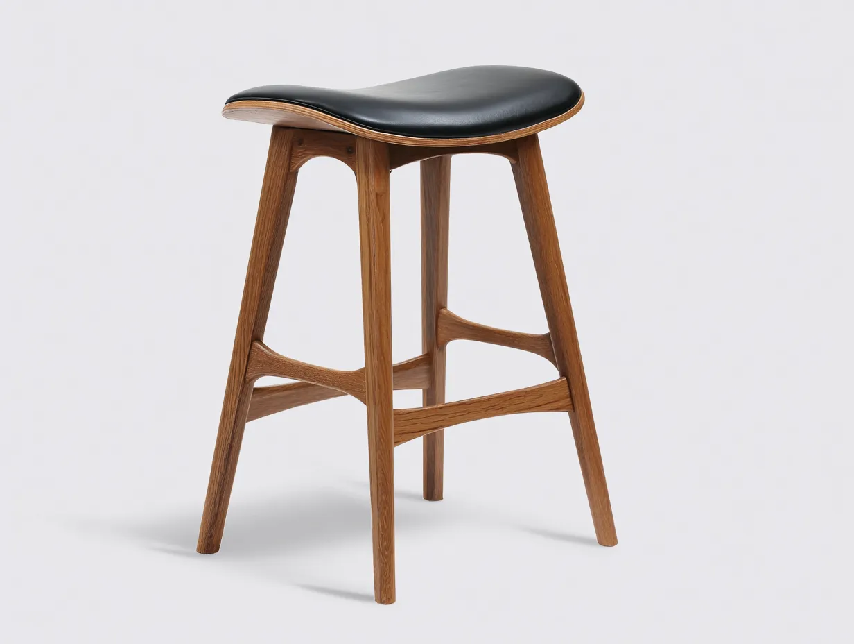 Taburete de bar 41x38x72 cm - negro y madera natural - asiento curvado acolchado - diseño artesanal para comedor-Oakgoly