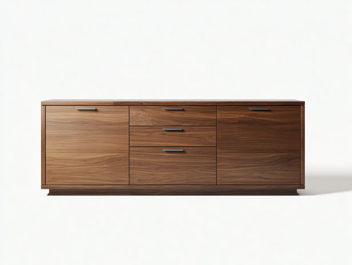 Aparador 180x45x70 cm - nogal oscuro - madera con 2 puertas y 3 cajones - diseño bajo para comedor-Oakgoly