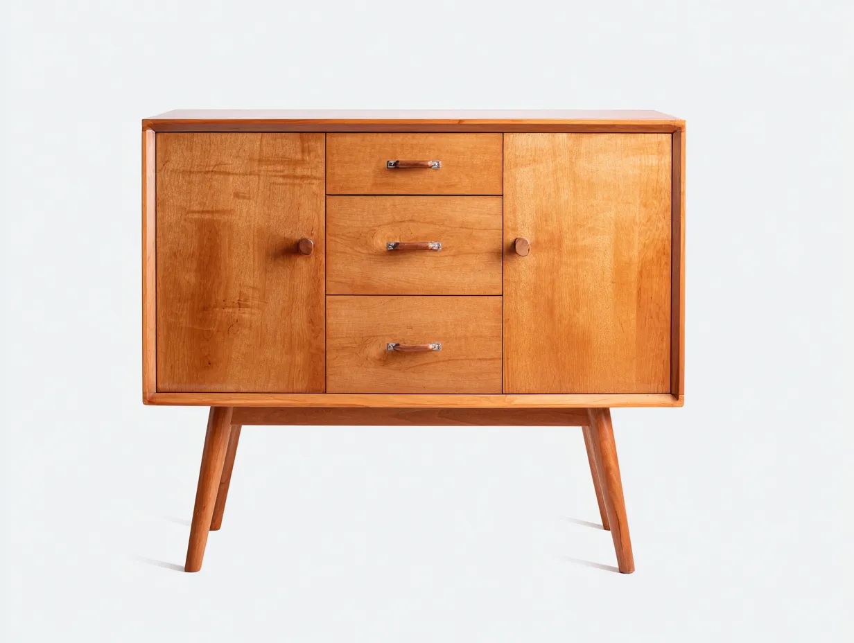 Aparador 115x42x84 cm - madera color miel dorado - 2 puertas y 3 cajones - diseño escandinavo para comedor-Oakgoly