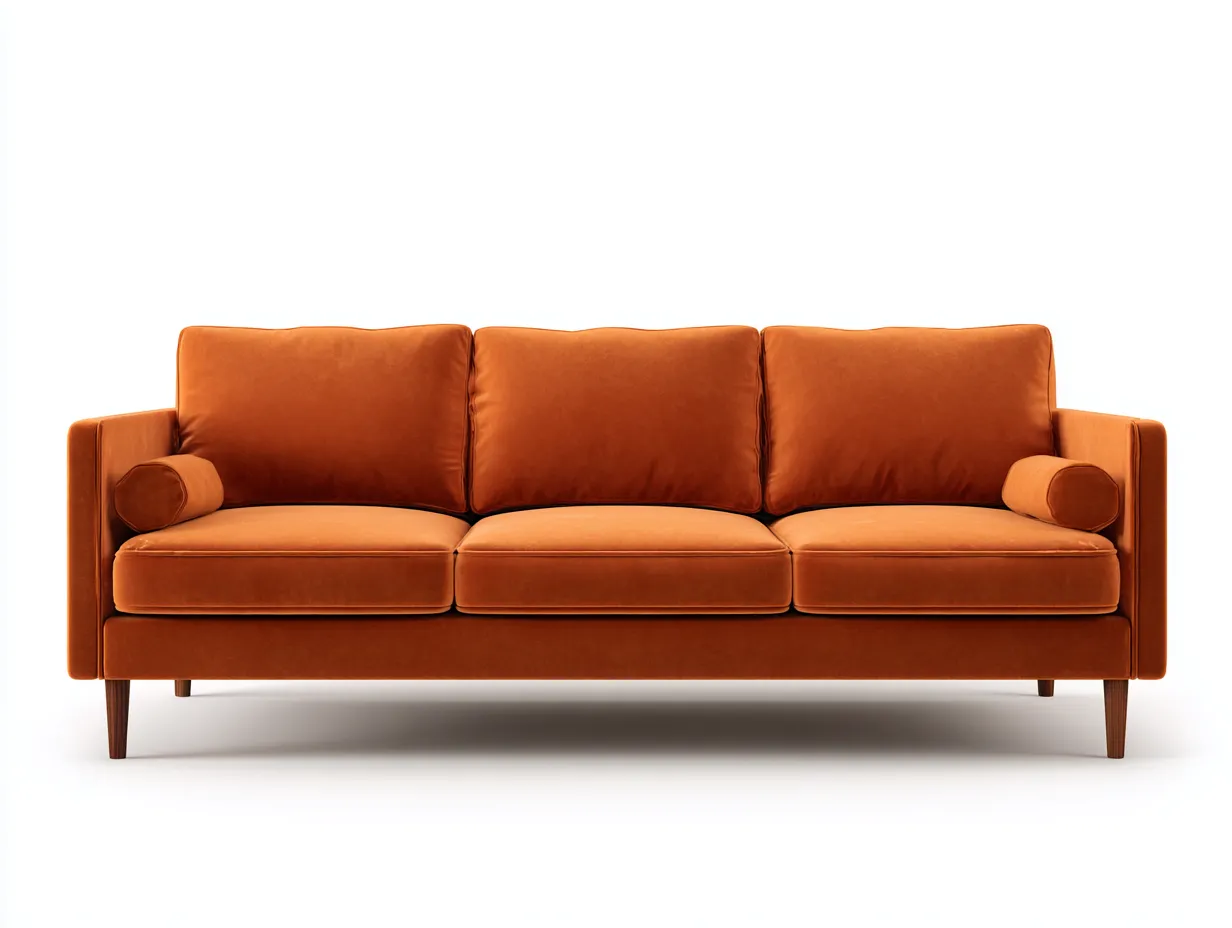 Sofá de tres plazas 236x91x82 cm - terciopelo naranja para salón - patas de madera y respaldos altos-Oakgoly