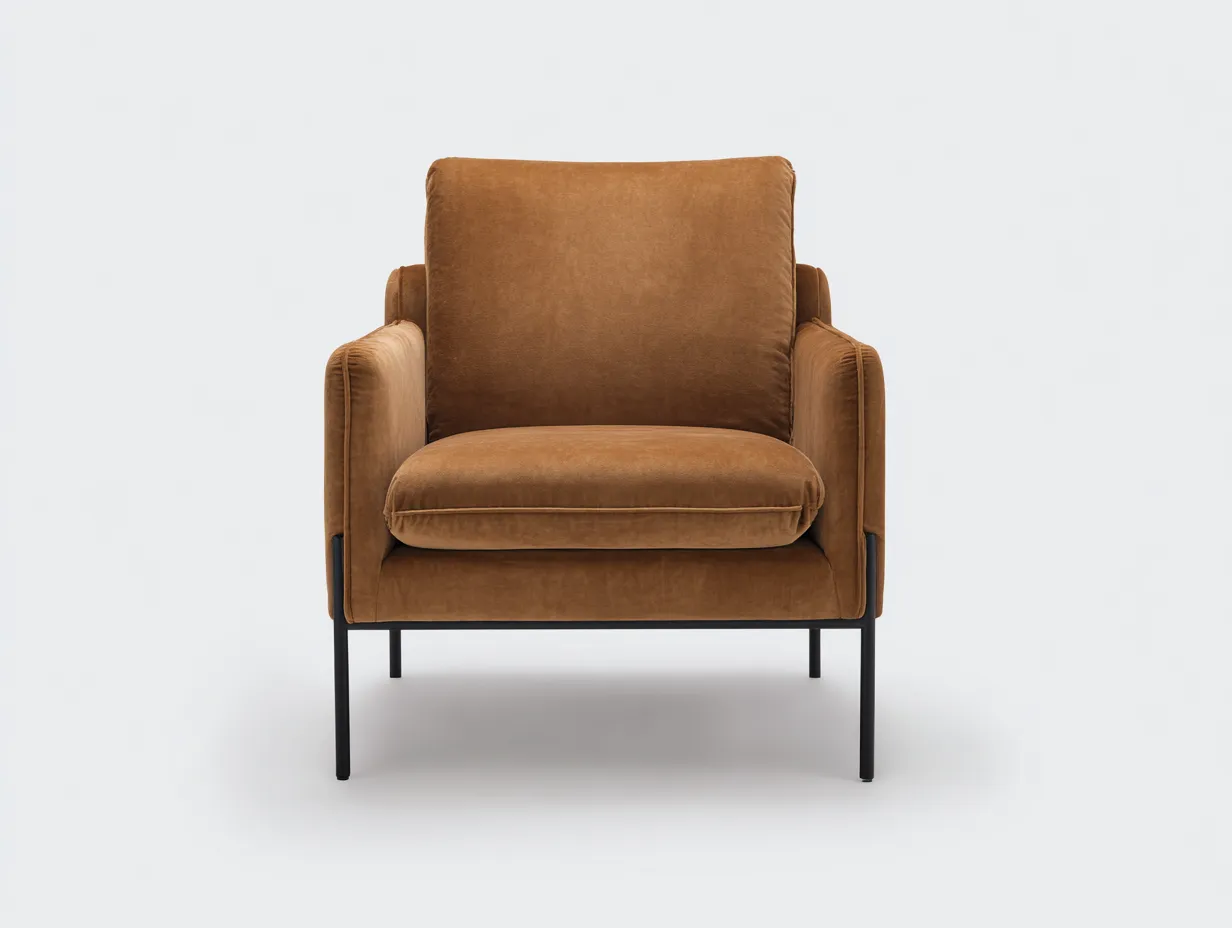 Sillón 80x84x86 cm - terciopelo marrón camel y metal negro - para salón - estilo actual-Oakgoly