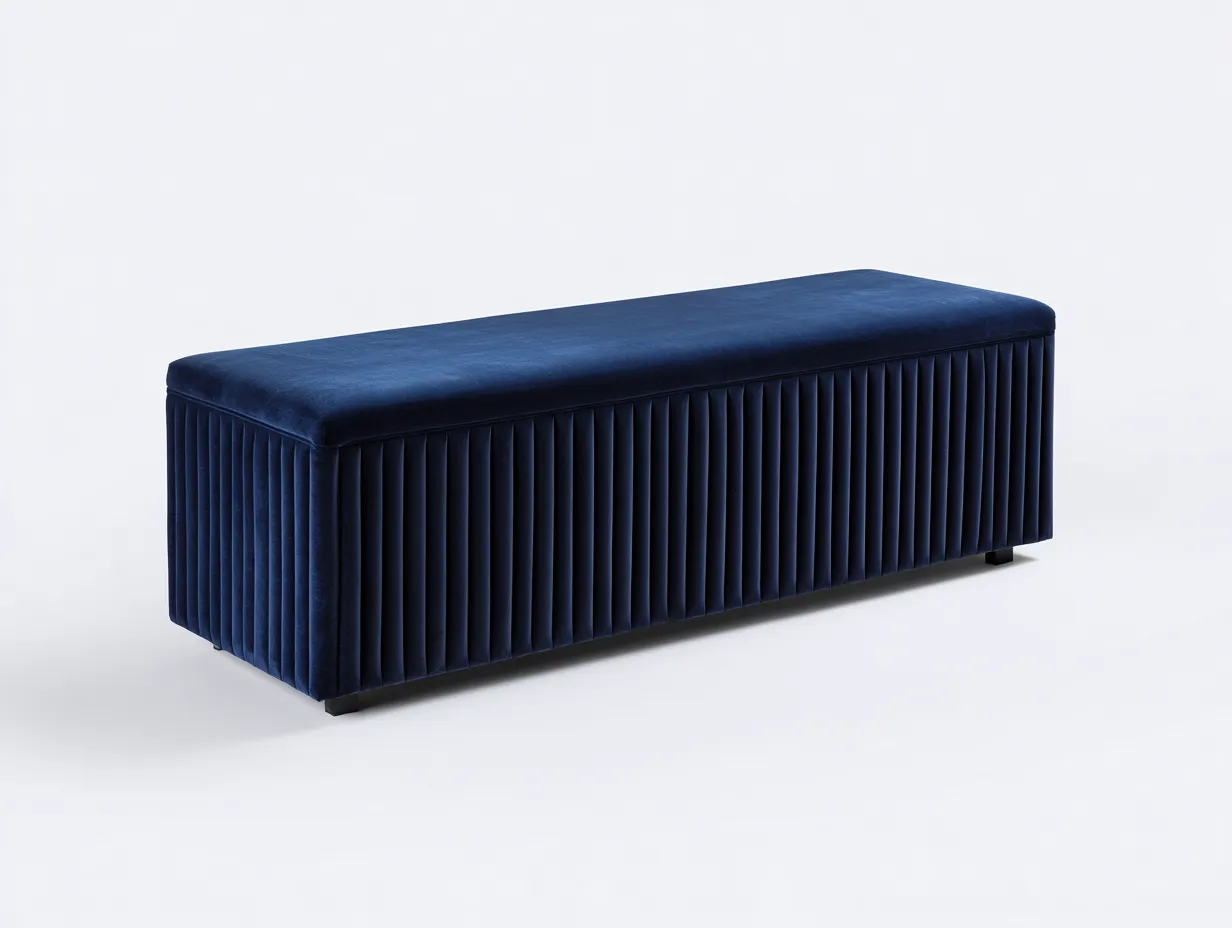 Banco baúl 140x42x46 cm - azul marino - terciopelo acanalado con tapa acolchada para dormitorio-Oakgoly