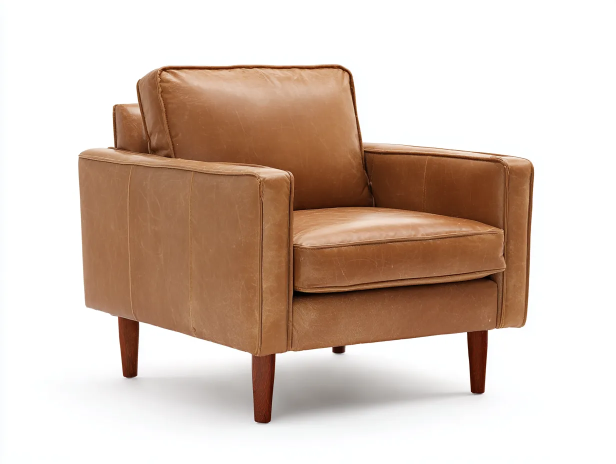 Sillón 86x84x88 cm - piel sintética camel y madera oscura - para salón - con asiento amplio-Oakgoly