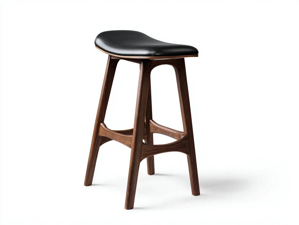 Taburete de bar 41x38x74 cm - negro y madera nogal - asiento ergonómico - estilo mid century para comedor-Oakgoly