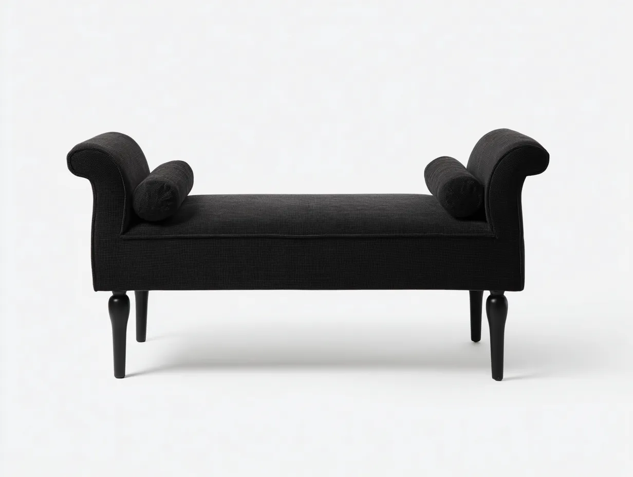 Banco tapizado 128x46x58 cm - negro - brazos curvos y cojines cilíndricos para dormitorio clásico-Oakgoly