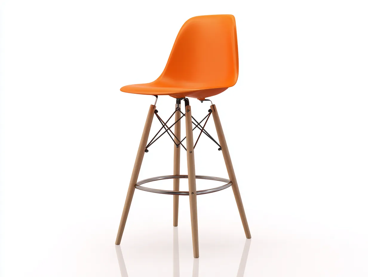 Taburete de bar 47x50x108 cm - polipropileno naranja y madera natural - asiento con reposapiés - diseño nórdico para comedor-Oakgoly